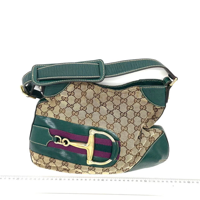 Gucci Large Vintage Green Leather and Monogram Side Horsebit Shoulder Bag