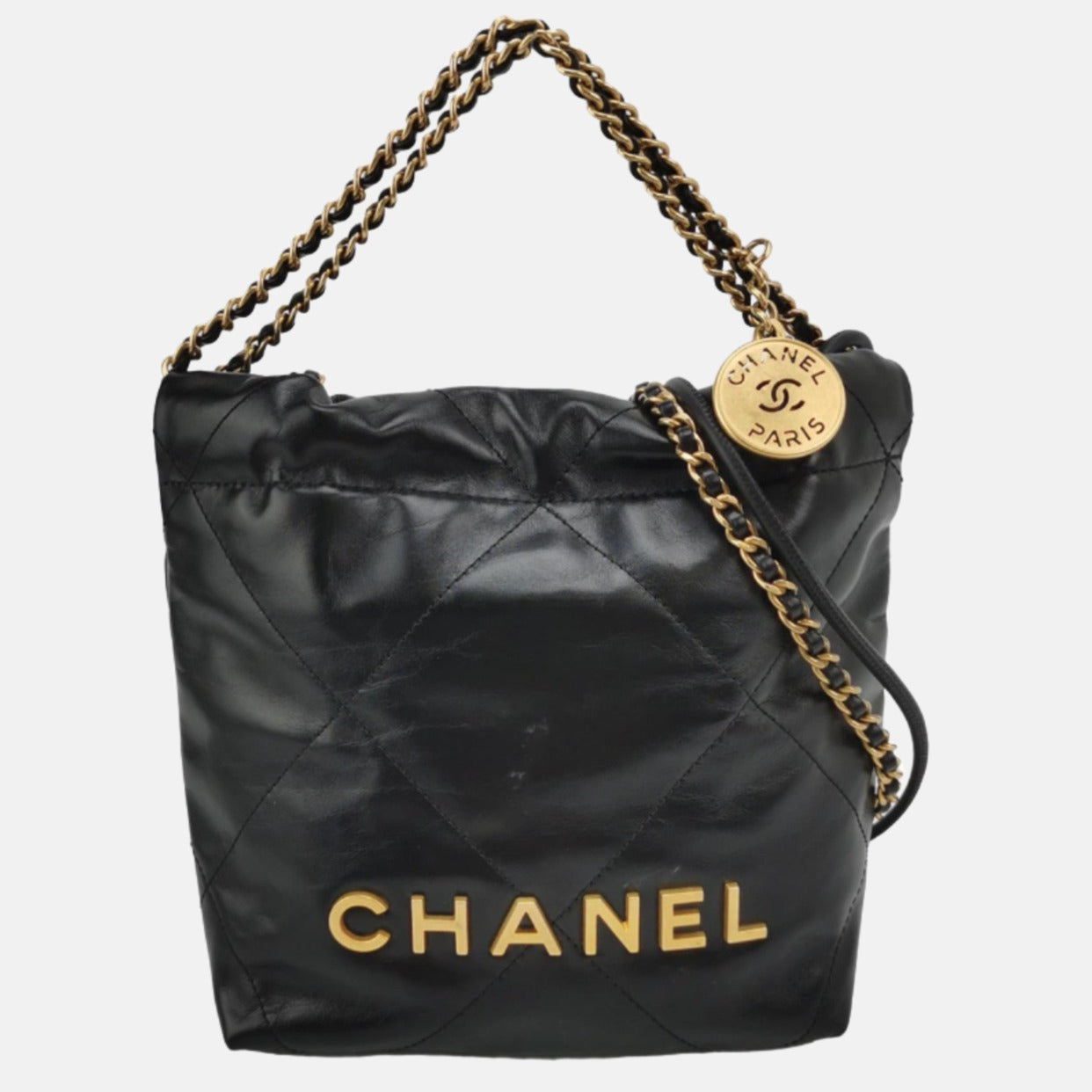 Chanel 22 Hobo Bag Mini Shiny Calfskin Leather Black with Gold-tone Hardware-Luxbags