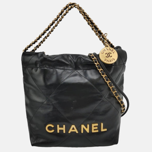 Chanel 22 Hobo Bag Mini Shiny Calfskin Leather Black with Gold-tone Hardware-Luxbags