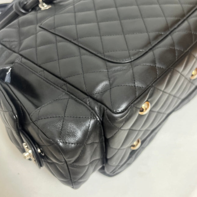Chanel Cambon Multi-pocket Ligne Reporter Bag Large Black Calfskin Leather White Logo