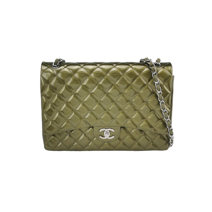 Chanel Classic Flap Maxi Metallic Green Patent Leather Double Flap Sliver Hardware 2012-Luxbags