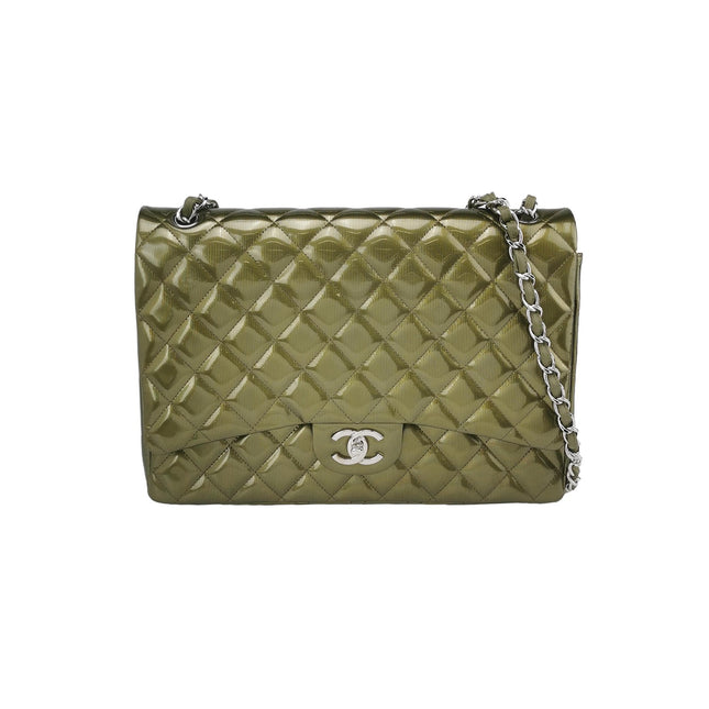 Chanel Classic Flap Maxi Metallic Green Patent Leather Double Flap Sliver Hardware 2012