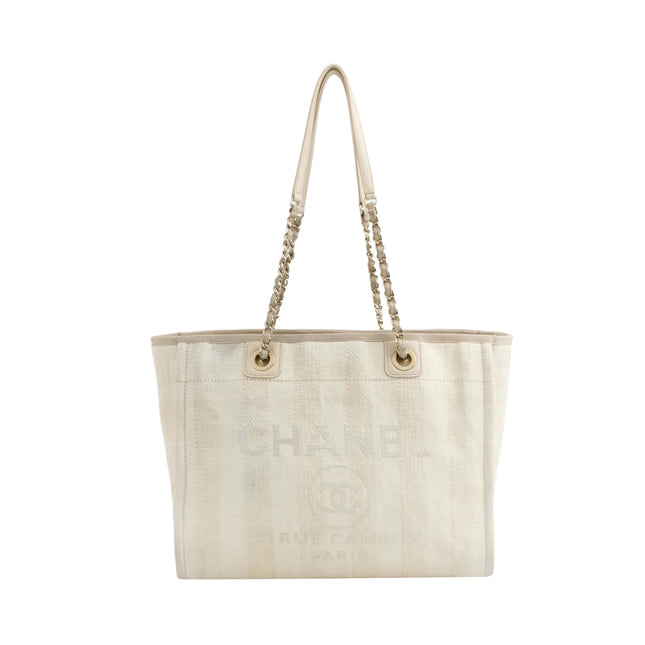 Chanel Deauville Tote Light Beige Stripes Cloth Leather Chain Handle Small 34cm-Luxbags