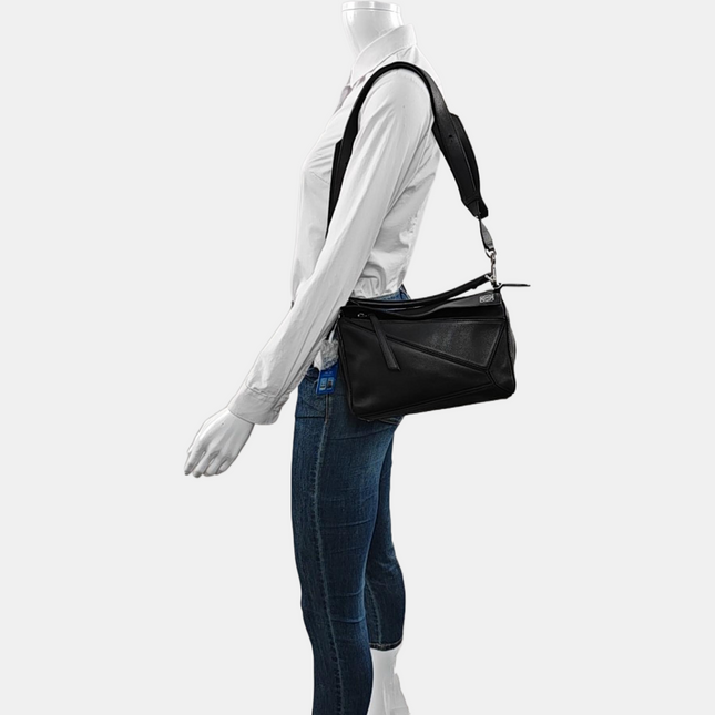Loewe Puzzle Small Black Smooth Leather White Logo With Metal Feet 2016