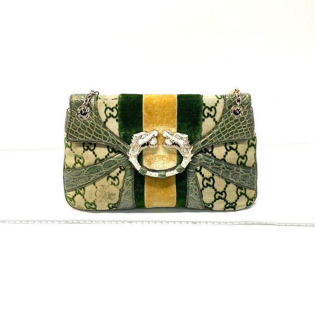 Gucci Jeweled Dragon Bag Green Crocodile and GG Velvet Bamboo Chain Strap Shoulder Bag