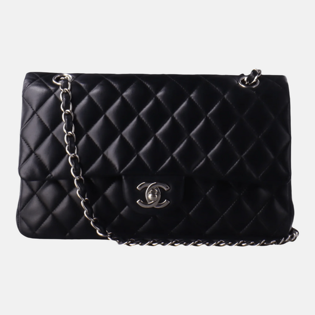 Chanel Timeless Classic Flap Medium Black Lambskin Leather Silver Hardware, 2008-2009-Luxbags