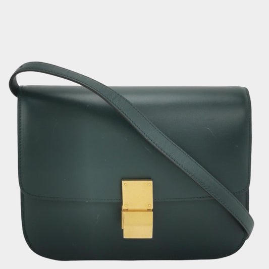 CELINE Classic Box Flap Dark Green Leather crossbody bag-Luxbags