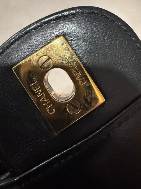 Chanel Medium Double Sided Top Handle Flap Bag Black Lambskin Leather 24k Gold Hardware