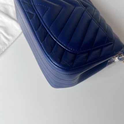 Chanel Classic Flap Mini Square Chevron Stitching Blue Lambskin Gold Hardware Crossbody Bag