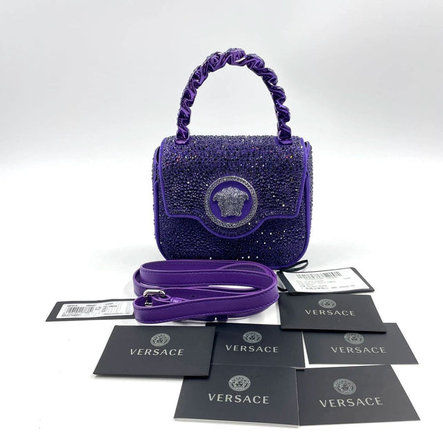 Versace La Medusa Mini Crystal Embellished Top Handle Bag in Purple