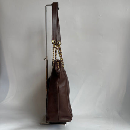 Chanel Vintage Front Pocket Tote Chocolate Brown Caviar Leather Double Gold Leather Chain
