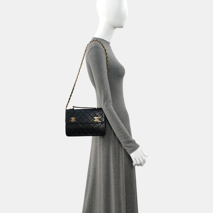 Chanel Vintage Double CC Turnlock Small Black Lambskin Leather 2Way Shoulder Bag