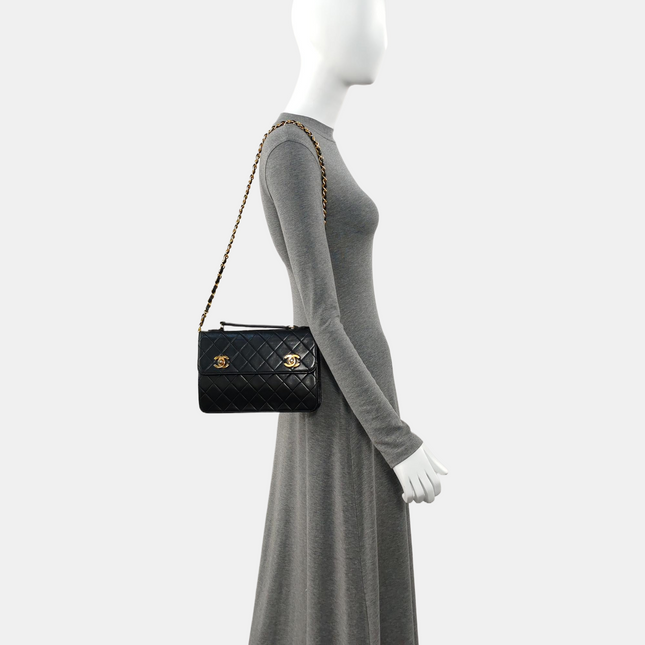 Chanel Vintage Double CC Turnlock Small Black Lambskin Leather 2Way Shoulder Bag