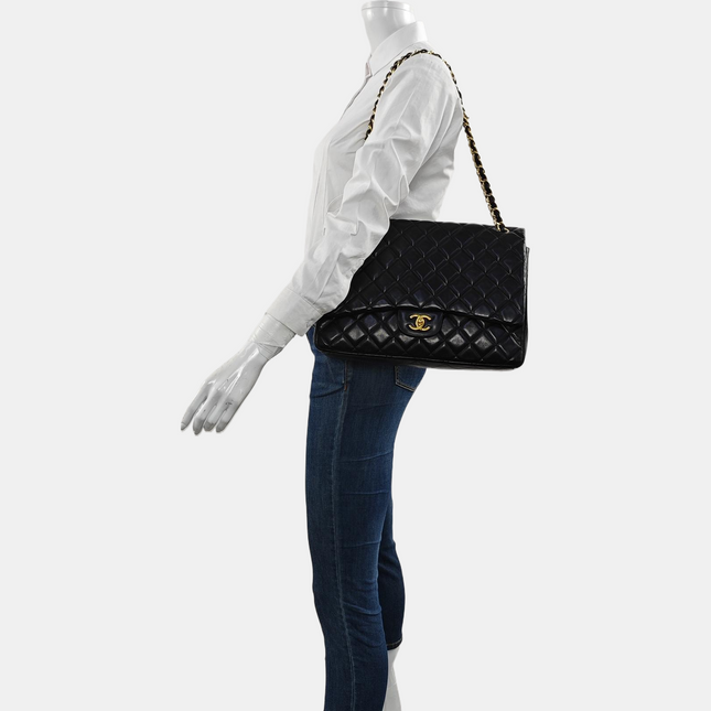 Chanel Classic Flap Maxi Black Lambskin Leather Single Flap with Gold Hardware 2009-2010