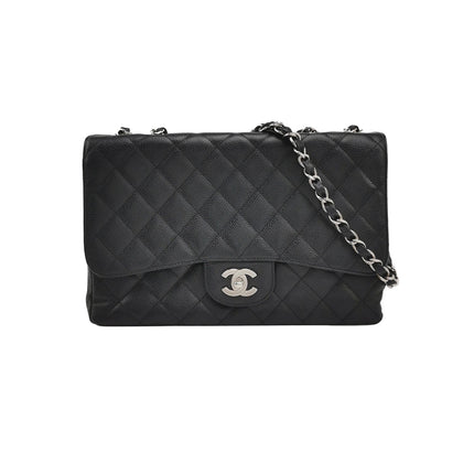 Chanel Classic Flap Jumbo Black Caviar Leather Single Flap Silver Hardware 2006-08