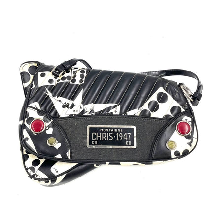 Dior Montaigne Chris 1947 Black Leather Cadillac Poker Print Bejeweled Shoulder Bag-Luxbags