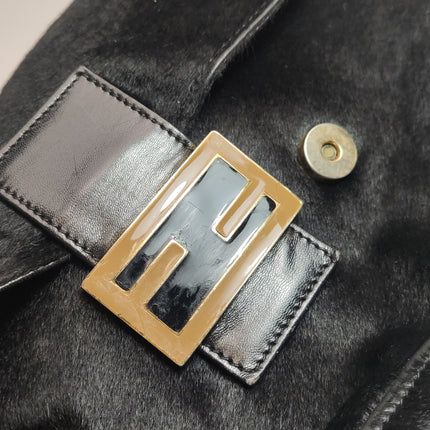 Fendi Mamma Baguette Black Ponyhair Calfskin Leather Shoulder Bag