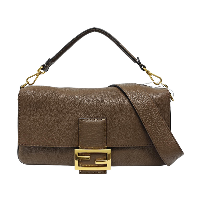 Fendi Baguette Selleria Calfskin Leather Crossbody Bag Large Brown-Luxbags