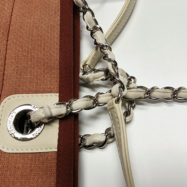 Chanel Deauville Tote Red Cloth Leather Chain Strap Small 34cm