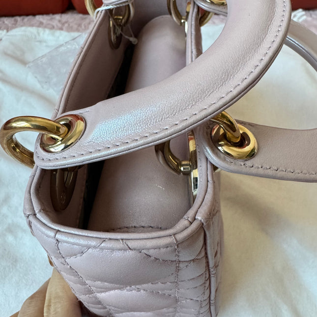 Lady Dior Mini Pearlescent Pink Lambskin Leather Gold HW Chain Strap