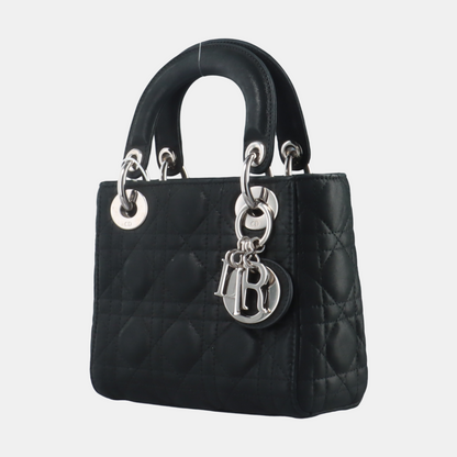 Lady Dior Mini Black Nubuck Aged Lambskin Leather handbag with silver hardware Chain Strap