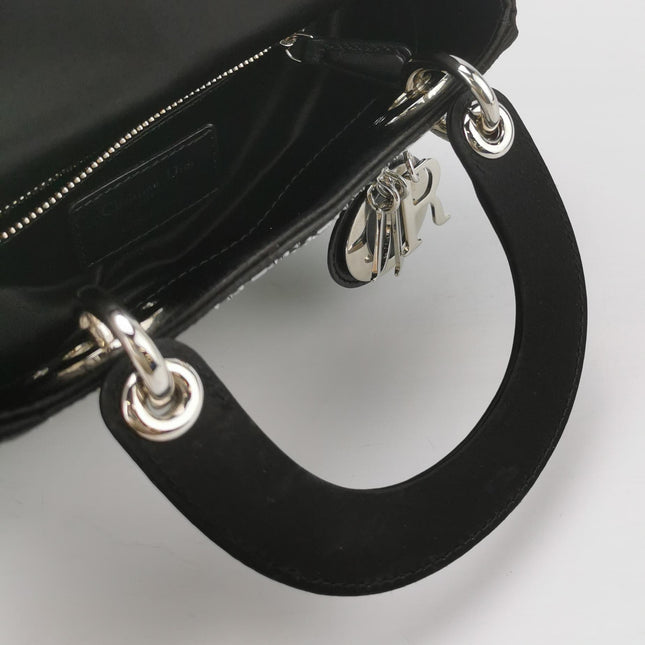 Lady Dior Mini Black Silk with Crystals Silver Hardware