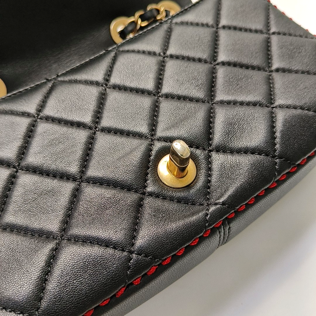 Chanel Black Lambskin Red Stitching Single Flap Double Chain Bag 2017