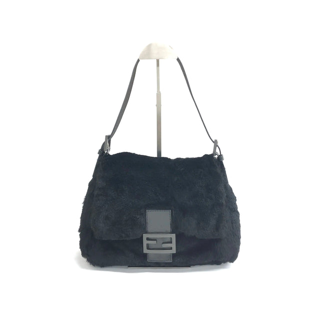 Fendi Mamma Baguette Black Faux Fur Shoulder Bag-Luxbags