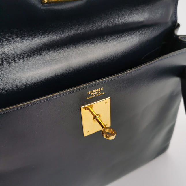 Hermes Kelly 32 Retourne 78 Blue Marine Navy Box Leather Gold HW 1980