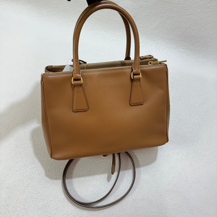 Prada Galleria Saffiano Leather Small Tan Brown Handbag with Strap 25cm