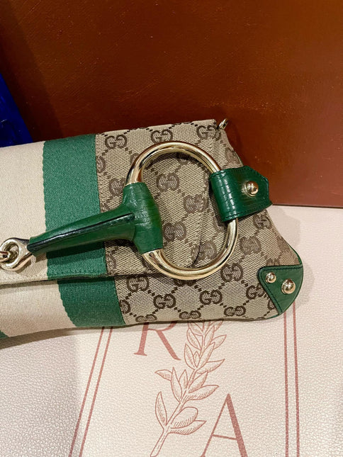 Gucci Horsebit 1955 Chain Cloth Green Web Monogram Leather and Gold Studs