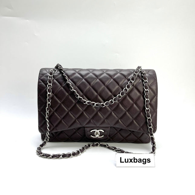 Chanel Classic Flap Jumbo Purple Caviar Leather Double Flap Silver Hardware