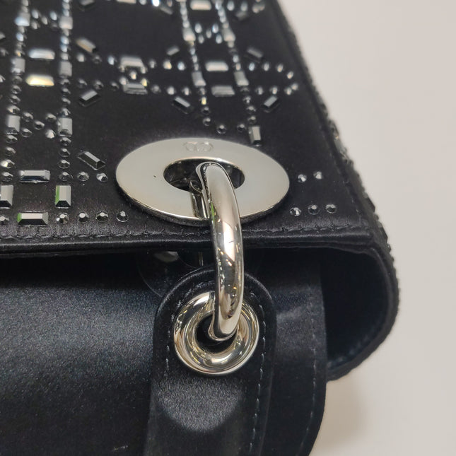 Lady Dior Mini Black Silk with Crystals Silver Hardware