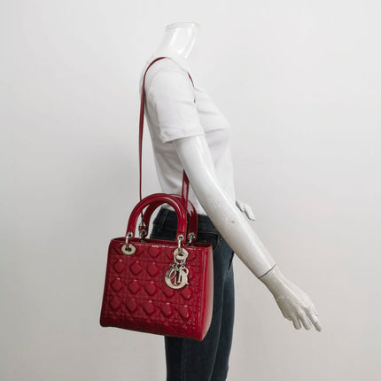 Sold Lady Dior Medium Red Burgundy Patent Leather Handbag Silver Hardware