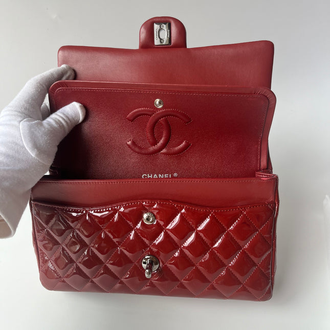 Chanel Classic Flap Medium Cherry Red Patent Leather Silver Hardware