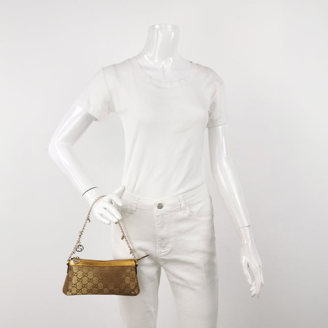 Gucci Clutch Pochette Gold Monogram Canvas and Leather Heart Chain