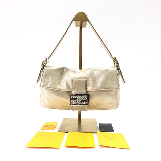 FENDI Baguette 1997 White Pearlescent Fabric Crystal Buckle Shoulder Bag