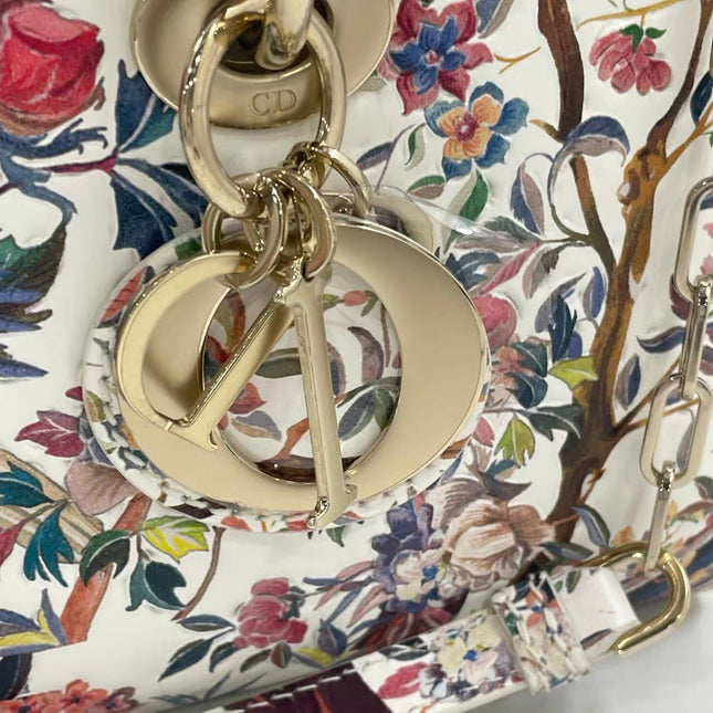 Lady D-Joy Medium Bird and Flower Embroidery Calfskin Leather
