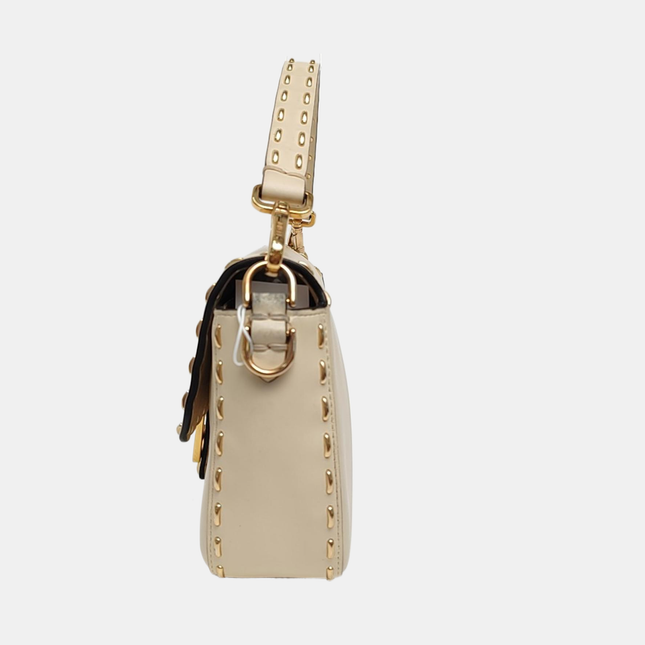 Fendi Baguette Selleria Medium White Calfskin Leather Gold Studs Crossbody Bag