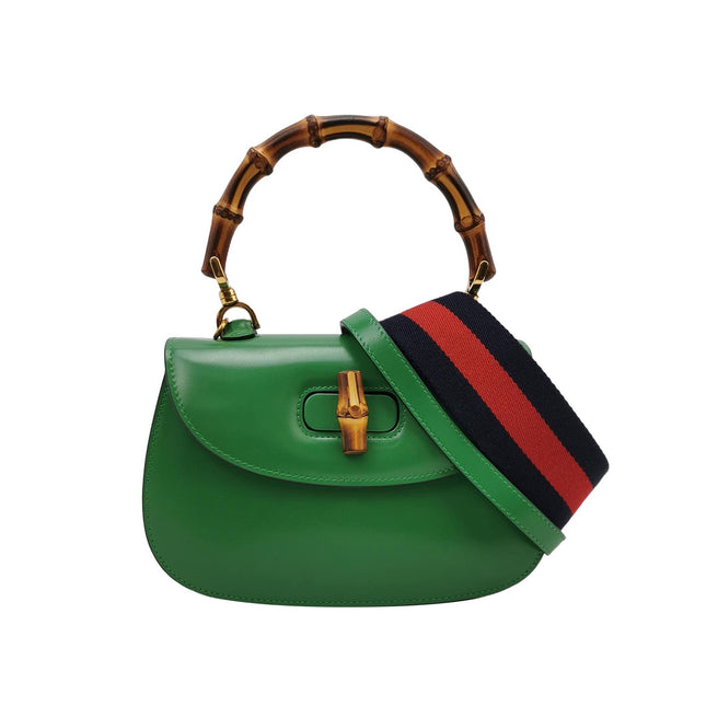 Gucci Bamboo 1947 Top Handle Bag Small Green Box Leather Canvas Strap-Luxbags