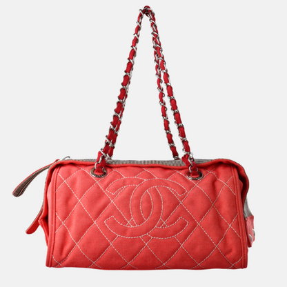 Chanel Rhombus Red Quilted Denim Medium CC Chain Bowler Bag, 2009-2010-Luxbags