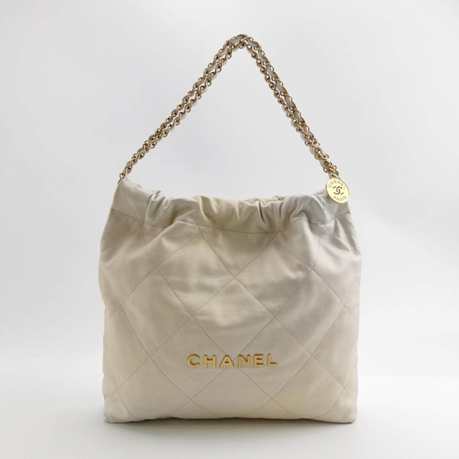 Sold Chanel 22 Hobo Bag Medium Shiny Calfskin Leather White with Gold-tone Hardware