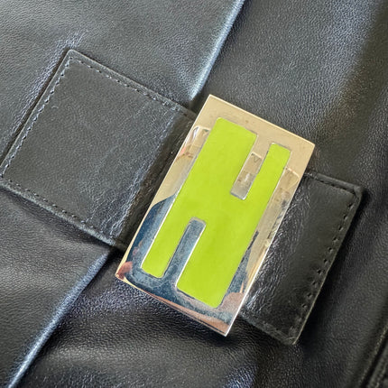 Fendi Mamma Baguette Black Lambskin Leather Green Enamel Buckle