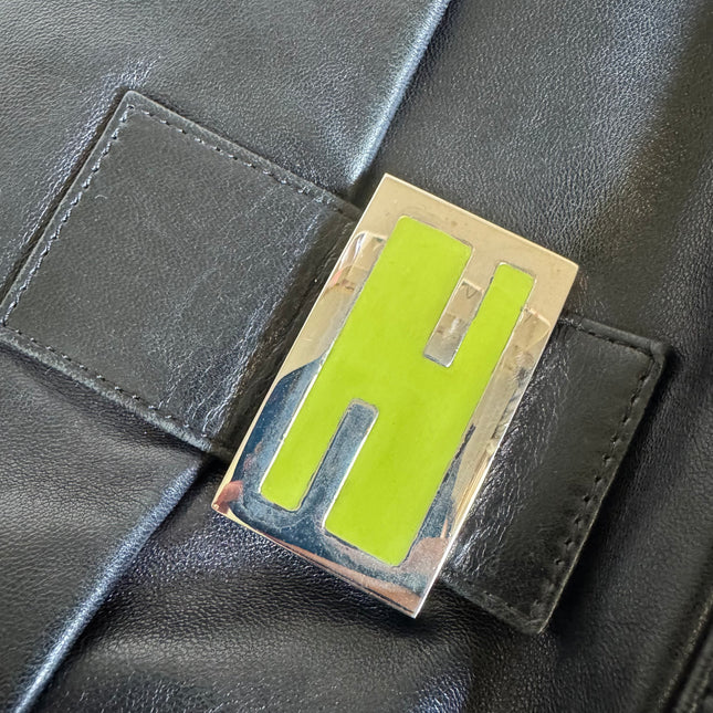 Fendi Mamma Baguette Black Lambskin Leather Green Enamel Buckle