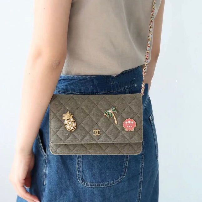 Chanel Wallet on Chain Khaki Quilted Canvas Coco Cuba Charms 2017