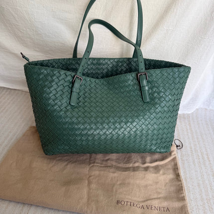 Bottega Veneta Cesta Shopper Tote Nappa Intrecciato Leather Dark Green Small