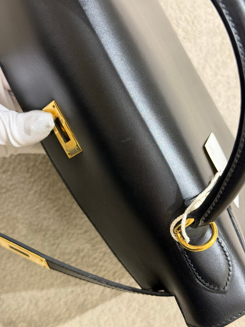 Hermes Kelly 32 Sellier Black Box Leather Double Ring Gold HW