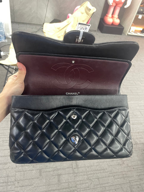 Chanel Classic Flap Jumbo Black Lambskin Leather Double Flap Silver Hardware 2012