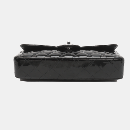 Chanel Baguette Flap Shoulder Bag Black Patent Leather Silver Double Chain