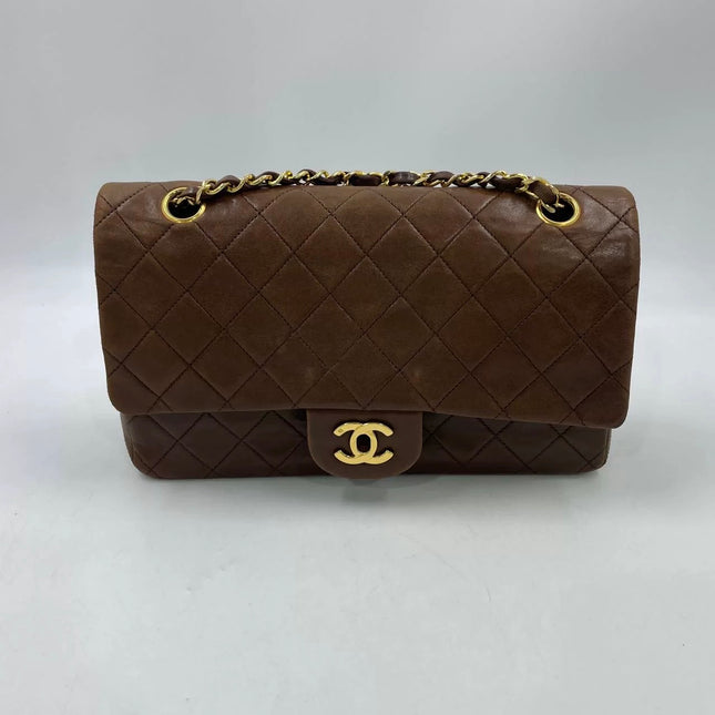 Chanel Classic Flap Rare Vintage Medium Brown Lambskin Leather 24k Gold Hardware 1989-1991